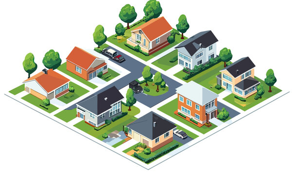 Isometric suburban neighborhood with modern single family houses green lawns trees cars and streets in flat minimalist vector style illustration