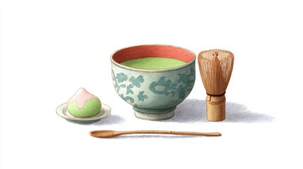  Illustration of a traditional Japanese matcha tea ceremony set with wagashi sweet, isolated on a white background