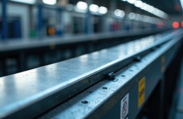 Metal railing with droplets of water at an outdoor transportation station, with blurred background of platform and lights