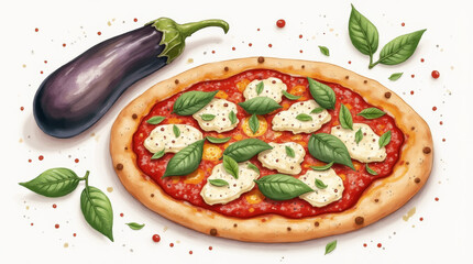 Illustration of pizza with eggplant on white background in watercolor style