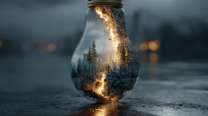 Nature's light enchanted forest in a light bulb surreal art