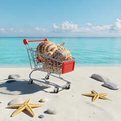 miniature shopping cart placed on white tropical sand near the shore