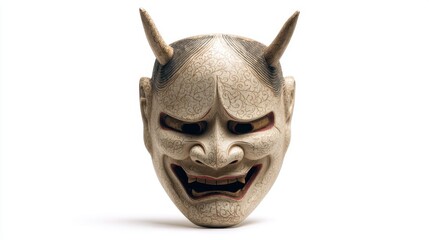 Traditional Japanese Hannya mask of a demon, isolated on a white background