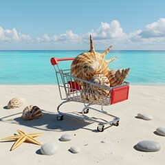 miniature shopping cart placed on white tropical sand near the shore