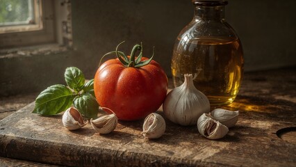 Still life of tomato basil garlic cloves and oil bottle on a rustic wooden cutting board near window