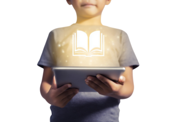 Boy reading a book on a tablet isolated on transparent or white background, png