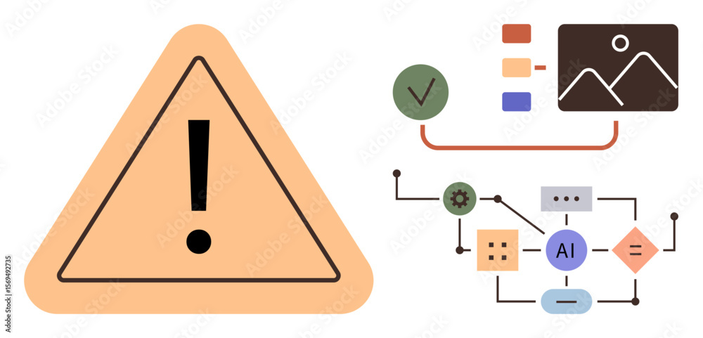 Poster warning triangle with exclamation mark alongside ai-driven flowchart showing verification, image ana
