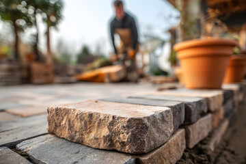 Naklejka premium Close-up of stacked paving stones on a freshly laid patio, worker in the background with tools ready to set next pavers, building, construction, do it yourself.