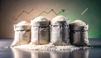 Naklejka premium Abundance of Rice in Burlap Sacks with Growth Chart Background