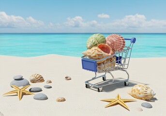 miniature shopping cart placed on white tropical sand near the shore