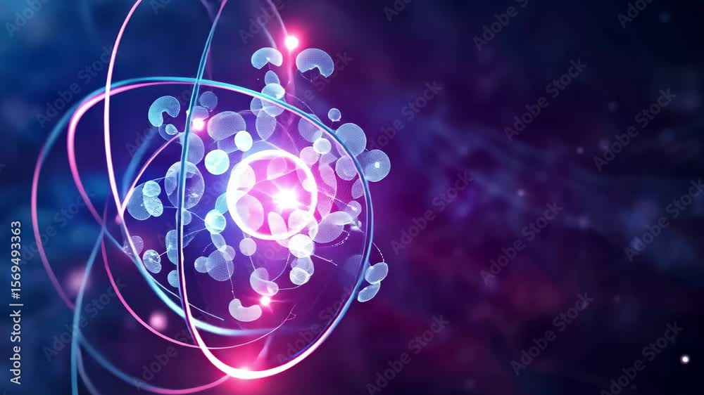 Poster Dynamic representation of atomic structure showcasing electrons and nucleus in colorful display