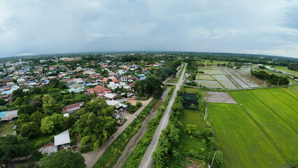 aerial view of the city and rice field