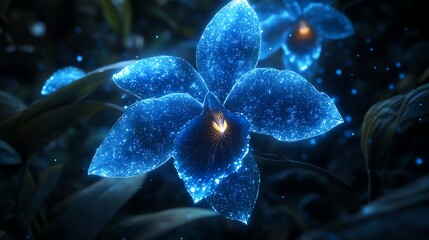 digital fantasy artwork of rare blue Coelogyne orchid glowing under moonlight