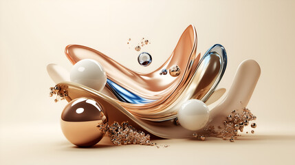 Fluid abstract forms with glossy spheres and soft splashes in golden, beige and blush tones. Minimalist composition on a neutral background. Elegant, modern and airy 3D aesthetic.