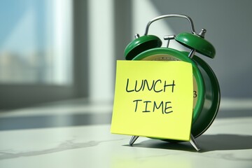 Green alarm clock with lunch time message, reminding to take a break during the work day