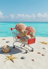 miniature shopping cart placed on white tropical sand near the shore