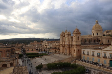 Naklejka premium View of Noto Cathedral, Piazza del Duomo and Noto Municipality in Noto, Sicily, Italy