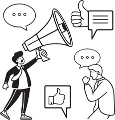 Vector illustration of man giving feedback with thumbs up and question icons in speech bubbles, outline style