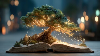 Imaginative surreal tree emerging from book in urban landscape
