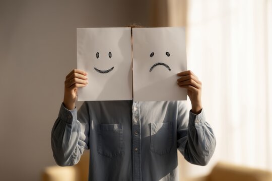 Person expressing mood swings using happy and sad face drawings held in front of face for mental health awareness.