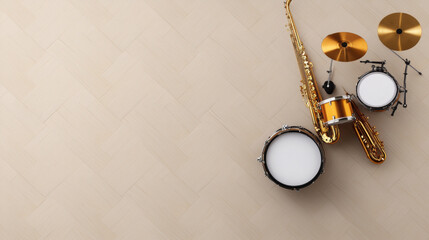 Fototapeta premium Minimal jazz, Top-down view of jazz instruments on a wooden surface.