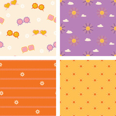 This pattern set radiates cheerful summer vibes through four playful, retro-inspired designs in bright, happy colors: orange, yellow, purple, and cream