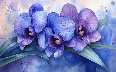 highly detailed watercolor painting of Vanda orchid in vibrant indigo and violet shades