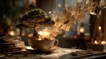 Magical transformation of a tree in a teacup studio digital art fantasy