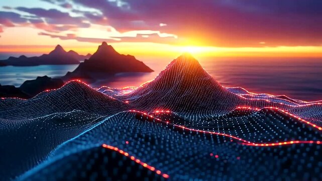 Abstract landscape with glowing data points creating mountain range during sunset
