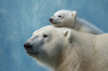 Close-up of an adult polar bear with her cub, both smiling and looking up at the sky,