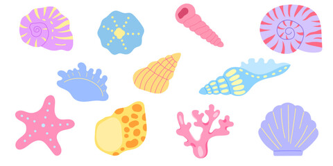 collection of sea shells, corals and starfish in flat illustration style