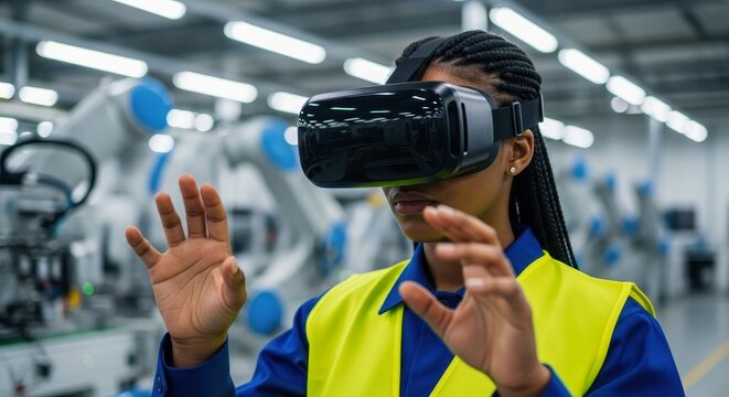 Black woman industrial worker using VR headset in modern smart factory