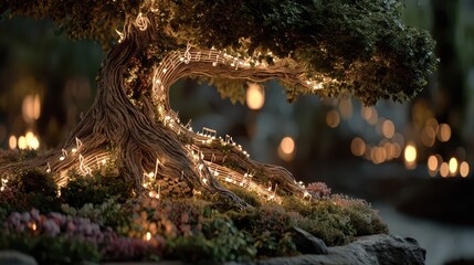 Whimsical musical trees enchanted atmosphere in forest at night