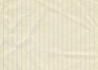 Natural lined crumpled paper page background. Old antique notebook sheet paper texture. Vintage paper background.	