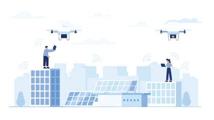 Drones flying over city buildings with solar panels and people using laptops and tablets on rooftops