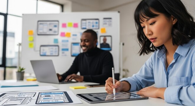 Diverse team of UX UI designers collaborating on mobile application templates