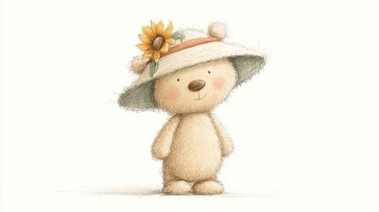 Cute teddy bear in hat with sunflower on white background