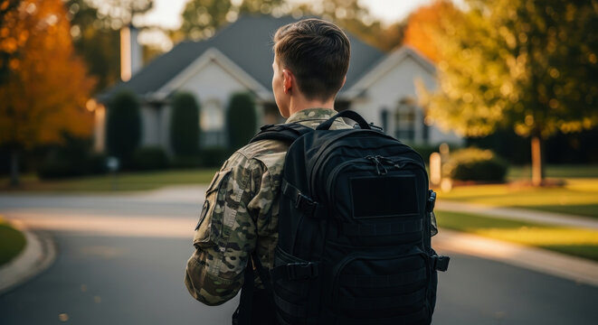 Soldier with backpack walking on suburban street towards home