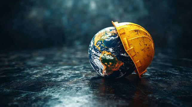 Symbol of safety and health at work: the planet Earth and the helmet. A safety and health concept for the World Day of Safety and Health at Work