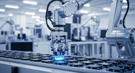 Fototapeta premium Industrial robotic arm assembling electronic components on a conveyor belt in a modern factory