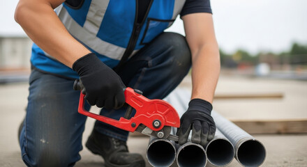 Professional construction worker kneeling on job site cutting metal pipes with a red pipe cutter