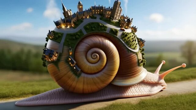 Giant snail carrying a city on its shell is slowly moving