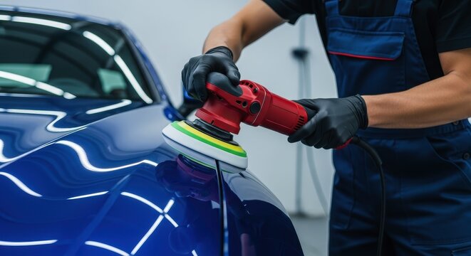 Professional auto detailer polishing blue car hood with orbital buffer machine