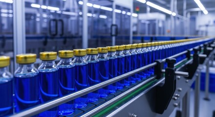 Long line of clear glass pharmaceutical vials with blue liquid on a conveyor belt in a modern factory