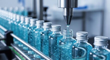 Automated production line filling cosmetic bottles with blue liquid in a modern factory