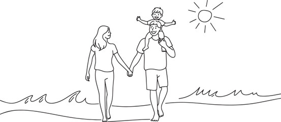 A Family Stroll on the Beach An Illustration of Love and Togetherness by the Ocean Under a Sunny Sky