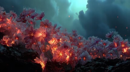 Close-up of cherry blossoms in a serene enchanted forest
