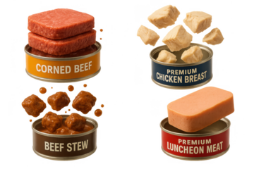 Canned meat variety, corned beef, chicken breast, stew and luncheon, isolated