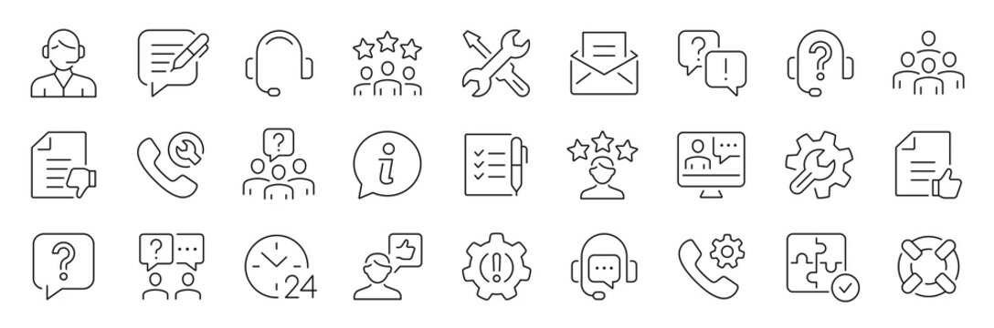 Customer service thin line icons set. Assistance, question, operator, support icon. Editable stroke. Vector
