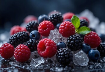 Macro of assorted frozen berries and ice cubes with mint on dark background concept of premium healthy chilled fruit freshness
